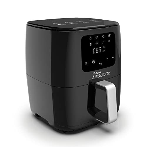 Geek Airocook Aura 5L Digital Air fryer for home | 4 in 1 Appliance with 8 Preset Menu - Air fry, Grill, Toast, Roast & Bake | Soft Touch panel | Low fat, Oil Free Cooking | Recipe book, 1500W, Black