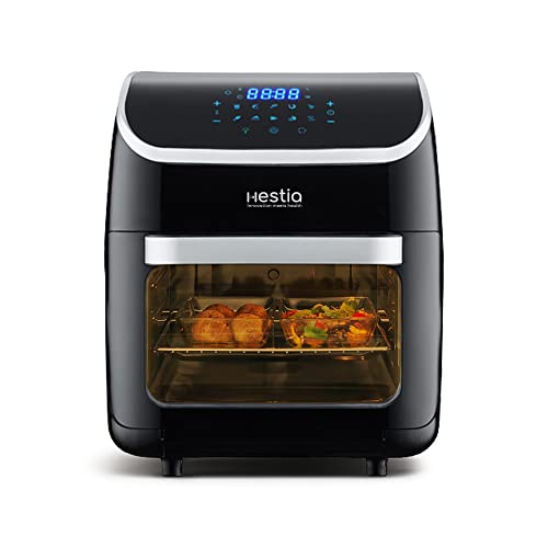 Hestia Appliances 12L Air Fryer & Oven, Uses 95% Less Oil, 6-in-1 Air Fry Grill Roast Bake Dehydrate Reheat, 1800W, SmartCrisp Technology, 10 Presets for Indian Cooking, 15 Recipes, User Manual, Black