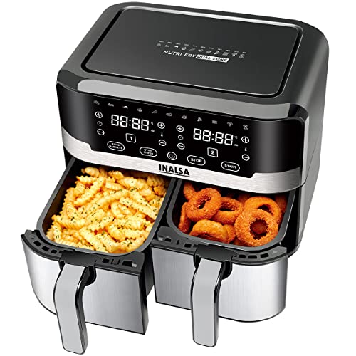 INALSA Air Fryer Nutri Fry Dual Zone-2100 W,10L,with Sync Basket & Finish features|11 versatile programs,Touch Control&Digital Display|Variable Temperature Control|Free Recipe book ,2 Year Warranty
