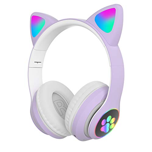 WK LIFE BORN TO LIVE- 2022 Updated with 5.1 Version K8 Kids Headphones with Mic for Birthday Gift Girls/Boys Cat Ear Bluetooth, LED Light Up Headphones Over On Ear for Online Learning School (Purple)