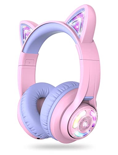 iClever BTH13 Bluetooth Headphones with Mic, Over The Ear Headphone Wireless Cat Ear Unicorn Headphone for Girls Birthday Gift Safe Volume Limited, 45H Playtime, Portable Headset for iPad, Purple