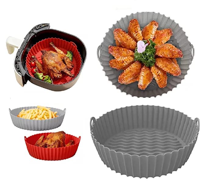 Trexee Air Fryer Silicone Baking Tray with Handles/Air Fryer Silicone Liners Round Food Safe Non Stick/Air Fryer Basket Oven Accessories (1 Unit) (17 CM, Grey)