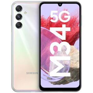 Samsung Galaxy M34 5G (Prism Silver, 8GB, 128GB Storage) | 120Hz sAMOLED Display | 50MP Triple No Shake Cam | 6000 mAh Battery | 16GB RAM with RAM Plus | Android 13 | Without Charger