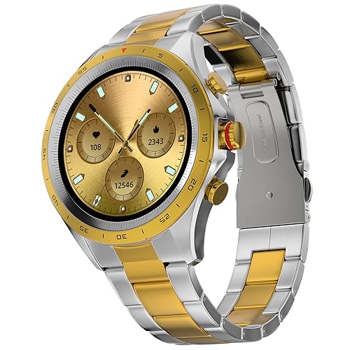 Fire-Boltt Solace Luxury Stainless Steel Smart Watch, 1.32" (33.5mm) Display 360 * 360 px high Resolution with 60Hz Refresh Rate, Bluetooth Calling & 360 Health Monitoring (Gold Silver)