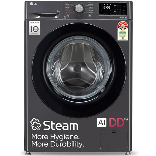 LG 8 Kg 5 Star Inverter AI Direct Drive Fully-Automatic Front Load Washing Machine with In-Built Heater (FHP1208Z3M, Middle Black, 6 Motion Direct Drive, Steam), Free 1 Year Extended warranty