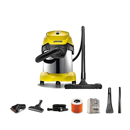 Karcher WD3 Premium Wet and Dry Vacuum Cleaner, 1000 Watts Power, Blower Function, 17 litres Stainless Steel Container, (Yellow)